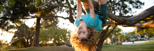Foto: Grundschulkind lässt sich kopfüber von einem Ast hängen.
