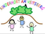 Logo: Kinderhort am Veitsberg: Grafik mit spielenden Kindern vor einem Berg