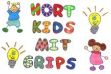 Logo: Kinderhort Kids mit Grips: bunter Schriftzug mit einer Kinderzeichnung von einem Jungen und Mädchen