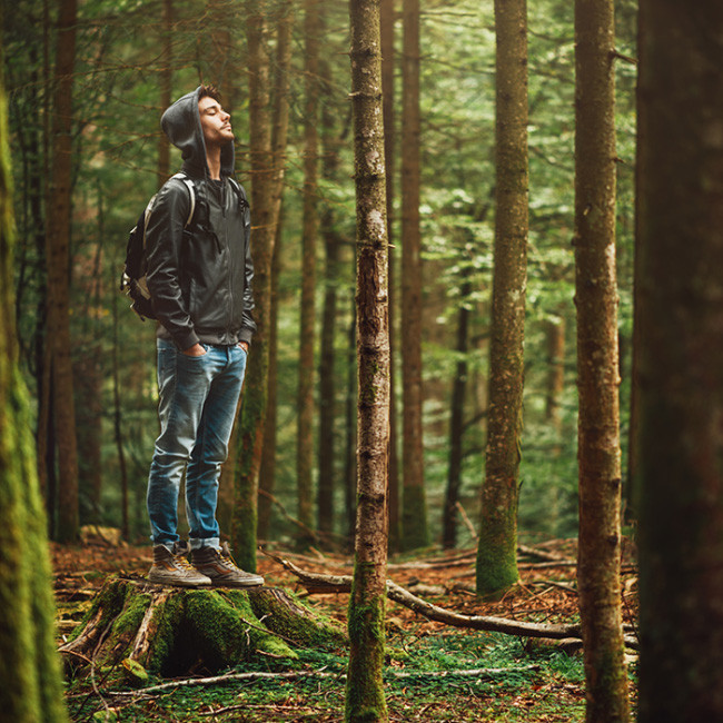 Foto: Junger Mann steht im Wald